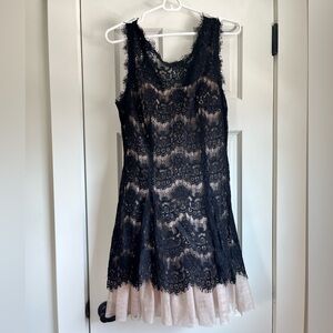 Betsy and Adam stunning black lace and nude dress